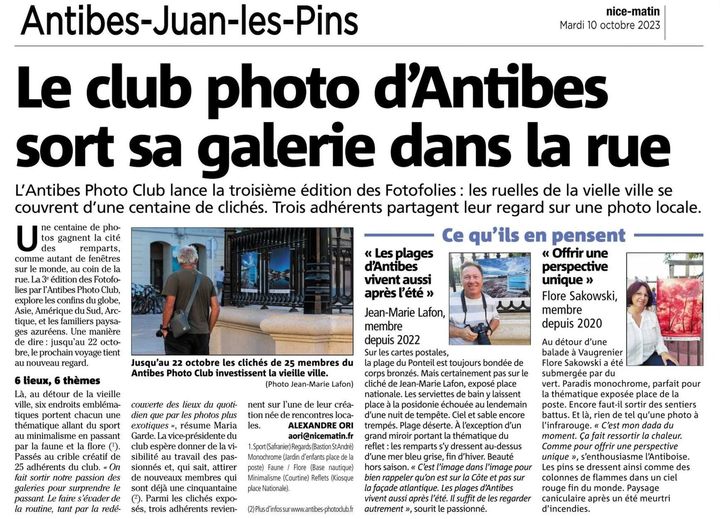 Article de Nice-Matin daté du 10 octobre 2023 sur l'exposition Fotofolies 2023 organisée par l'Antibes Photo Club et la mairie d'Antibes Juan-les-pins dans les rues de la ville