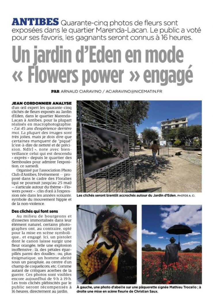 Article de Nice-Matin daté du 18 mai 2025 sur l'exposition / concours des Floralies 2025 organisée par l'Antibes Photo Club et la mairie d'Antibes Juan-les-pins